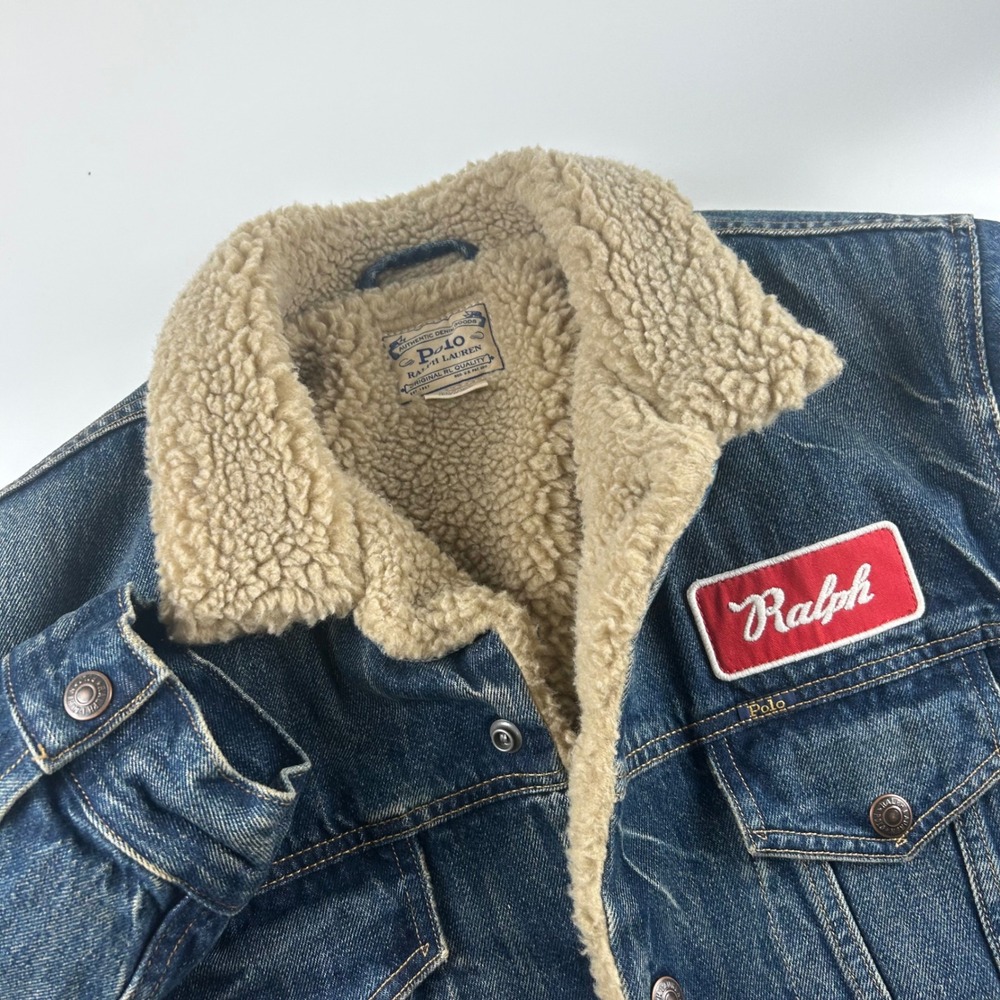 Polo Ralph Lauren Mens M Sherpa Lined Denim Trucker Jacket Blue Barn Work Biker